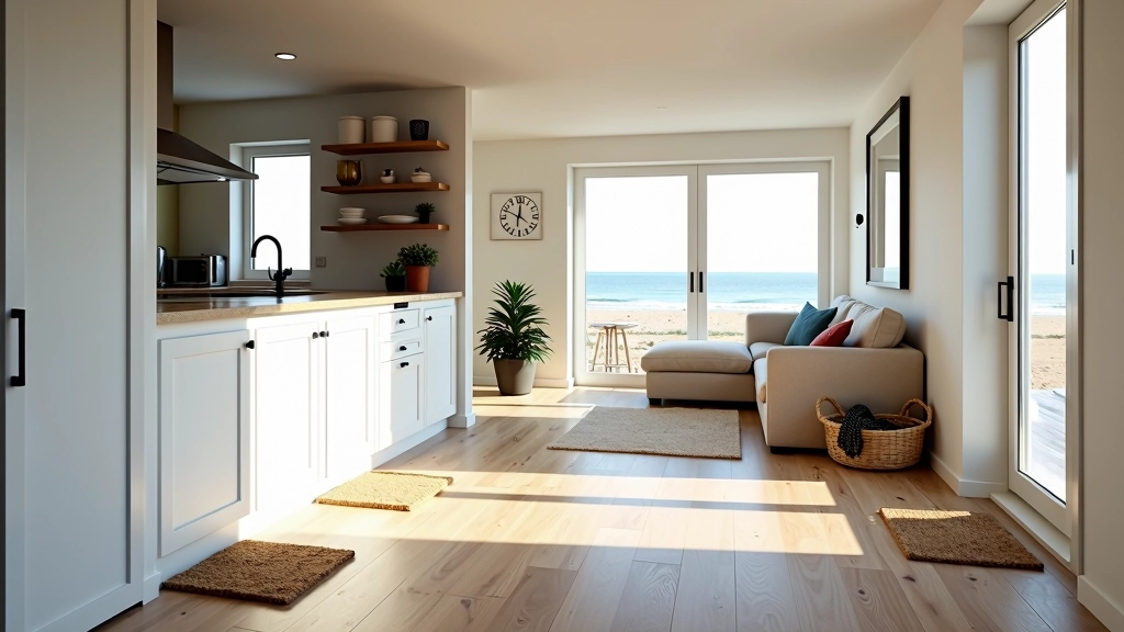 Ingericht strandhuisje met matten bij de deur, opgeruimde keuken en goed georganiseerde leefruimte