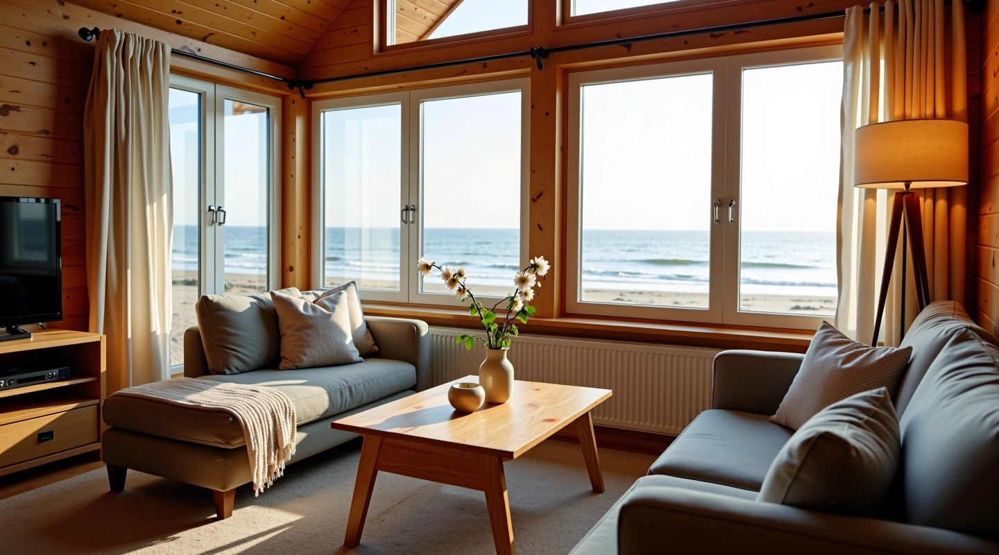 Gezellige woonkamer van een huisje met ramen die uitkijken op zee