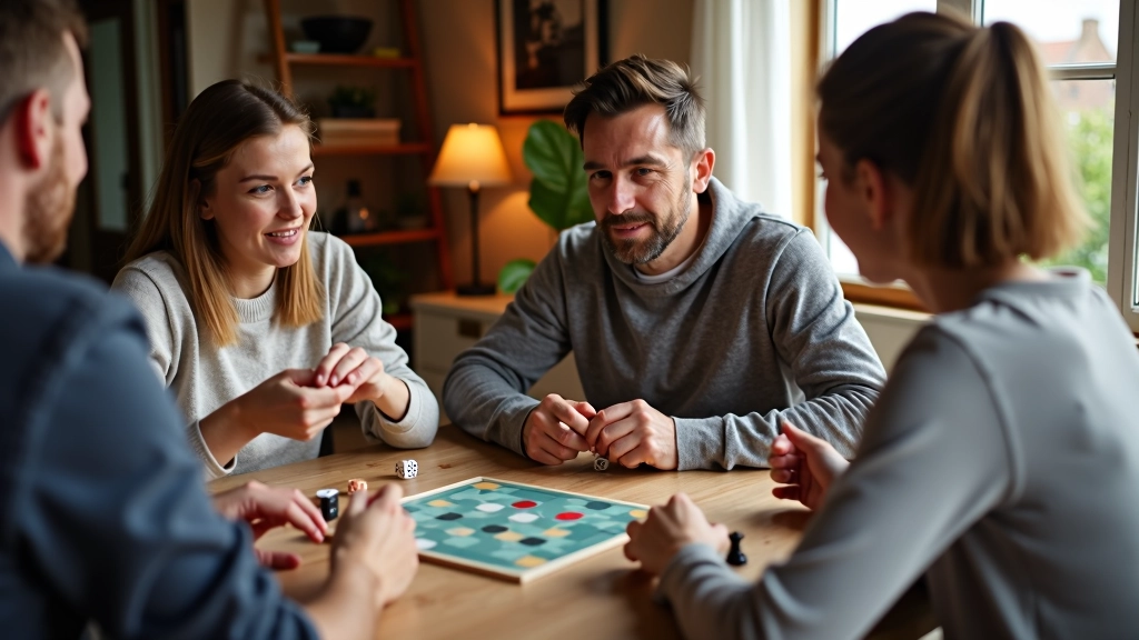 Familie speelt bordspel aan tafel met concentratie, warm licht, spelkaarten en dobbelstenen zichtbaar