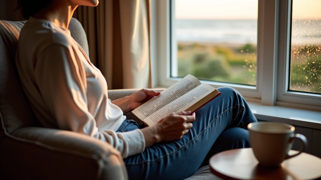 Persoon leest boek in fauteuil met koffiekopje op tafeltje, raam met regendruppels op achtergrond